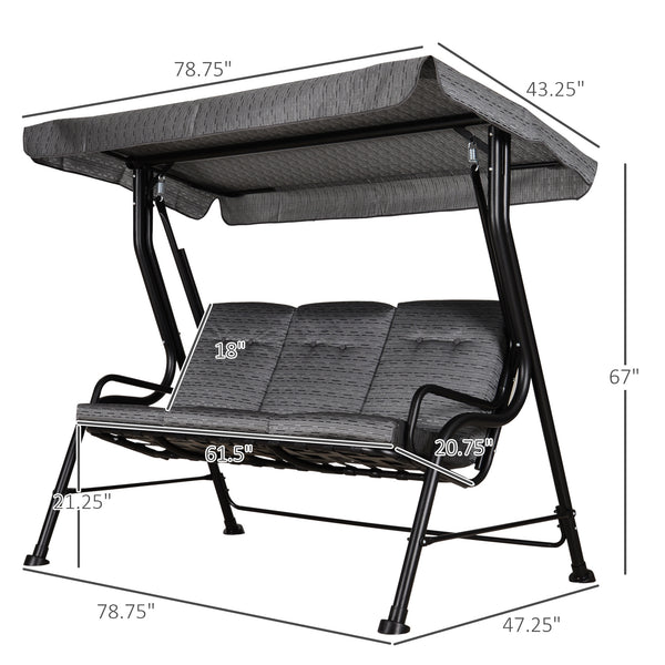 3-Person Porch Swing Chair, Patio Swing Bench with Adjustable Canopy, Removable Thicken Cushion and Weather Resistant Steel Frame for Outdoor, Garden, Poolside, Grey
