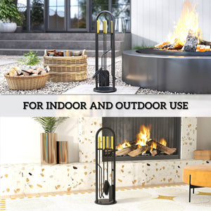 Fireplace Tools Set 5 Pieces Metal Fire Place Kit, Outdoor Indoor Fireside Accessories with Brush, Shovel, Poker, A Pair of Tongs, Stand, Gold