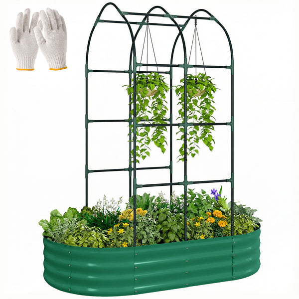 Galvanised Raised Garden Bed with Arched Trellis, 5 x 3 x 6ft Metal Outdoor Planter Box with Open Bottom Design, Modular Raised Bed with Gloves for Vegetable Flower, Easy Assembly, Green