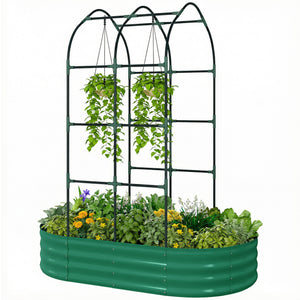 Galvanised Raised Garden Bed with Arched Trellis, 5 x 3 x 6ft Metal Outdoor Planter Box with Open Bottom Design, Modular Raised Bed with Gloves for Vegetable Flower, Easy Assembly, Green