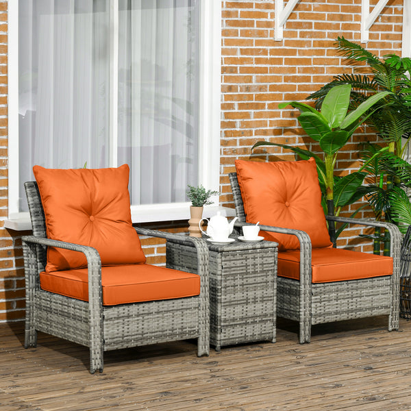 3 Pieces Rattan Bistro Set, Wicker Garden Furniture Set with Storage 
 Coffee Table and Chairs, Thickened Cushions for Outdoor, Patio, Balcony, Orange