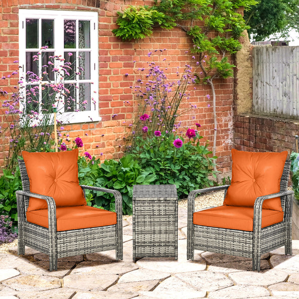 3 Pieces Rattan Bistro Set, Wicker Garden Furniture Set with Storage 
 Coffee Table and Chairs, Thickened Cushions for Outdoor, Patio, Balcony, Orange