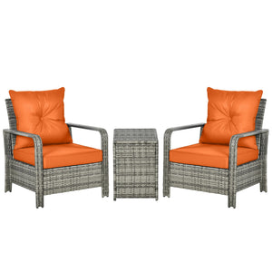 3 Pieces Rattan Bistro Set, Wicker Garden Furniture Set with Storage 
 Coffee Table and Chairs, Thickened Cushions for Outdoor, Patio, Balcony, Orange