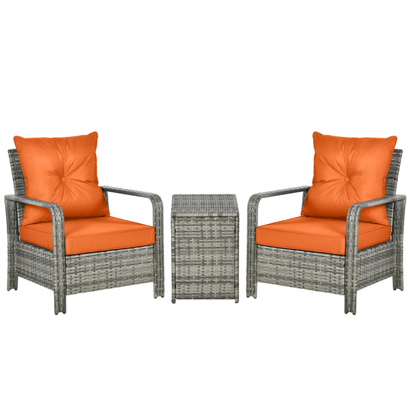 3 Pieces Rattan Bistro Set, Wicker Garden Furniture Set with Storage 
 Coffee Table and Chairs, Thickened Cushions for Outdoor, Patio, Balcony, Orange
