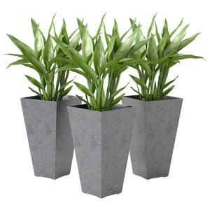 28 Inch Tall Planters for Outdoor Plants, Set of 3 Plastic Flower Pots with Marble Finish and Drainage Holes, Stackable Tapered Large Planters for Indoor Plants, Front Porch Decor, Gray