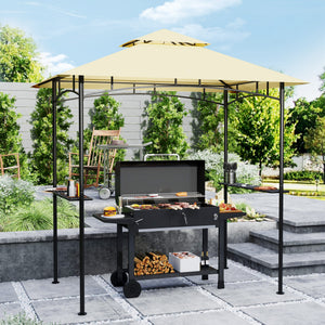 2.4 x 1.5 m (8' x 5') Grill Gazebo Canopy with LED Lights, Double Tiered Outdoor BBQ Gazebo Shelter with 2 Side Shelves, Storage Basket and Hooks for Garden, Barbecue, Picnic, Beige