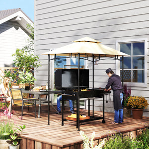 2.4 x 1.5 m (8' x 5') Grill Gazebo Canopy with LED Lights, Double Tiered Outdoor BBQ Gazebo Shelter with 2 Side Shelves, Storage Basket and Hooks for Garden, Barbecue, Picnic, Beige