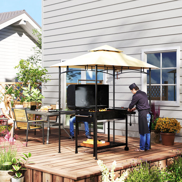 2.4 x 1.5 m (8' x 5') Grill Gazebo Canopy with LED Lights, Double Tiered Outdoor BBQ Gazebo Shelter with 2 Side Shelves, Storage Basket and Hooks for Garden, Barbecue, Picnic, Beige