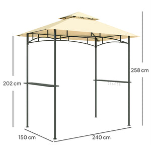 2.4 x 1.5 m (8' x 5') Grill Gazebo Canopy with LED Lights, Double Tiered Outdoor BBQ Gazebo Shelter with 2 Side Shelves, Storage Basket and Hooks for Garden, Barbecue, Picnic, Beige