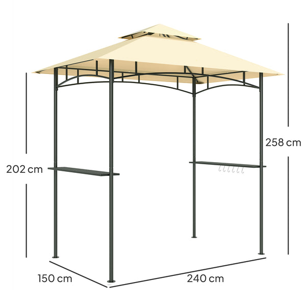 2.4 x 1.5 m (8' x 5') Grill Gazebo Canopy with LED Lights, Double Tiered Outdoor BBQ Gazebo Shelter with 2 Side Shelves, Storage Basket and Hooks for Garden, Barbecue, Picnic, Beige
