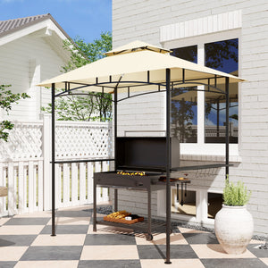 2.4 x 1.5 m (8' x 5') Grill Gazebo Canopy with LED Lights, Double Tiered Outdoor BBQ Gazebo Shelter with 2 Side Shelves, Storage Basket and Hooks for Garden, Barbecue, Picnic, Beige