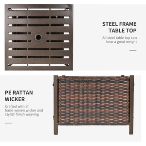 21.75" Outdoor Rattan Wicker Patio Coffee Table with Umbrella Hole, Patio Side Table with Slatted Metal Top, Suitable for Garden, Backyard, Brown