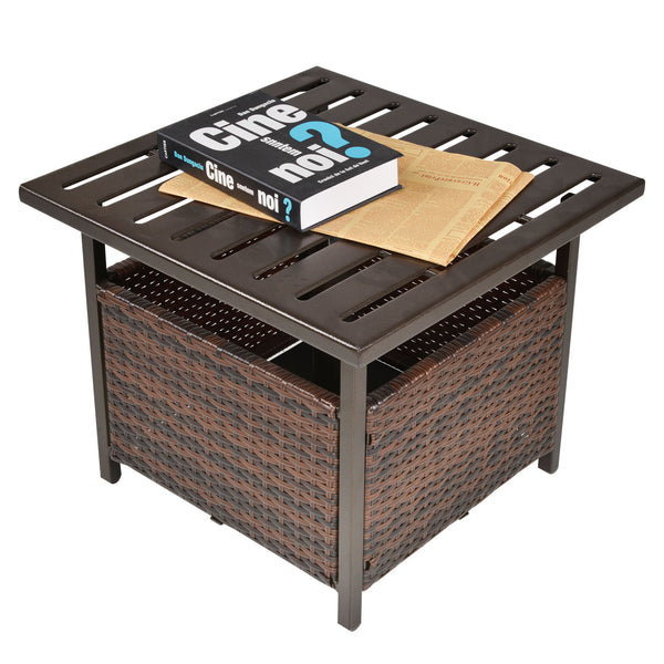 21.75" Outdoor Rattan Wicker Patio Coffee Table with Umbrella Hole, Patio Side Table with Slatted Metal Top, Suitable for Garden, Backyard, Brown