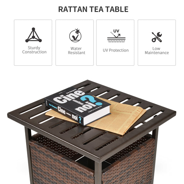 21.75" Outdoor Rattan Wicker Patio Coffee Table with Umbrella Hole, Patio Side Table with Slatted Metal Top, Suitable for Garden, Backyard, Brown