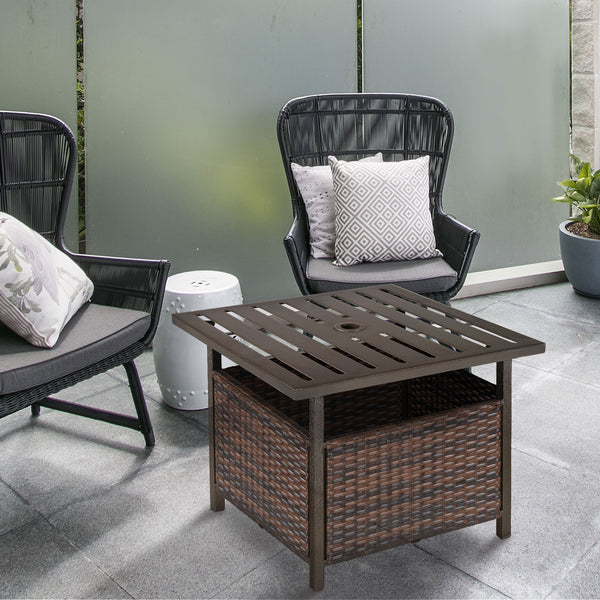 21.75" Outdoor Rattan Wicker Patio Coffee Table with Umbrella Hole, Patio Side Table with Slatted Metal Top, Suitable for Garden, Backyard, Brown