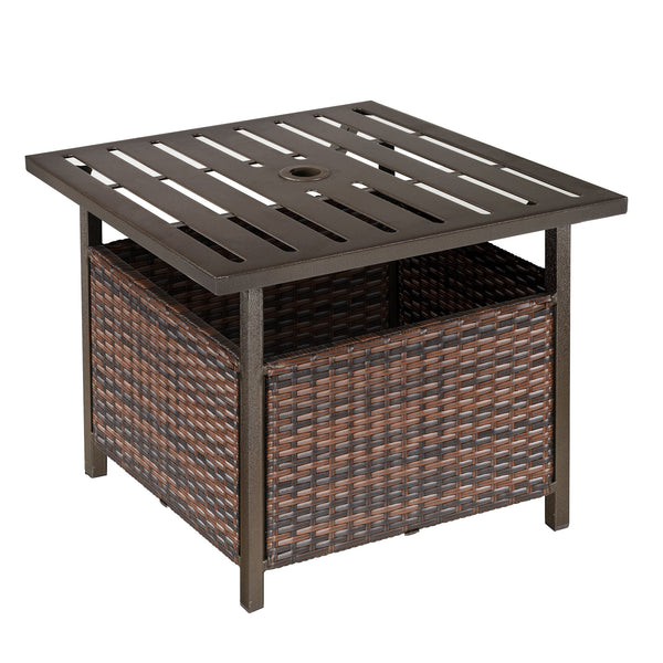 21.75" Outdoor Rattan Wicker Patio Coffee Table with Umbrella Hole, Patio Side Table with Slatted Metal Top, Suitable for Garden, Backyard, Brown