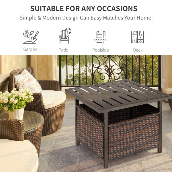 21.75" Outdoor Rattan Wicker Patio Coffee Table with Umbrella Hole, Patio Side Table with Slatted Metal Top, Suitable for Garden, Backyard, Brown