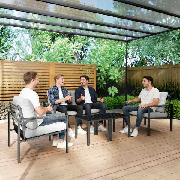 4 Seater Garden Furniture Set, 5 Piece Metal Garden Sofa Set with Thickened Cushions, Outdoor Patio Conversation Furniture with Loveseat, 2 Armchairs, 2 Coffee Tables for Balcony, Light Grey