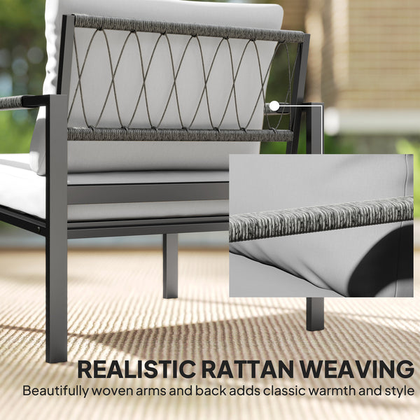 4 Seater Garden Furniture Set, 5 Piece Metal Garden Sofa Set with Thickened Cushions, Outdoor Patio Conversation Furniture with Loveseat, 2 Armchairs, 2 Coffee Tables for Balcony, Light Grey