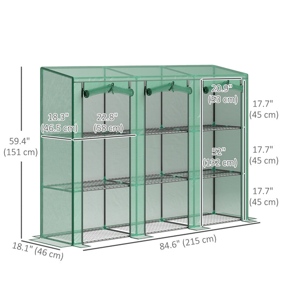 Lean-to Mini Greenhouse with 3 Tier Shelves, Portable Garden Hot House with 3 Roll-Up Doors for Indoor Outdoor, 84.6"x18.1"x56.7", Green