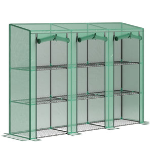 Lean-to Mini Greenhouse with 3 Tier Shelves, Portable Garden Hot House with 3 Roll-Up Doors for Indoor Outdoor, 84.6"x18.1"x56.7", Green
