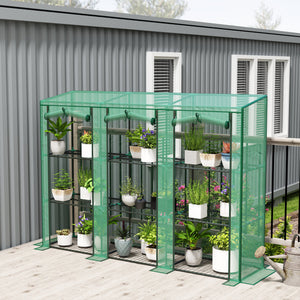 Lean-to Mini Greenhouse with 3 Tier Shelves, Portable Garden Hot House with 3 Roll-Up Doors for Indoor Outdoor, 84.6"x18.1"x56.7", Green