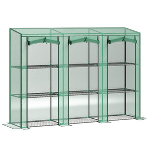 Lean-to Mini Greenhouse with 3 Tier Shelves, Portable Garden Hot House with 3 Roll-Up Doors for Indoor Outdoor, 84.6"x18.1"x56.7", Green