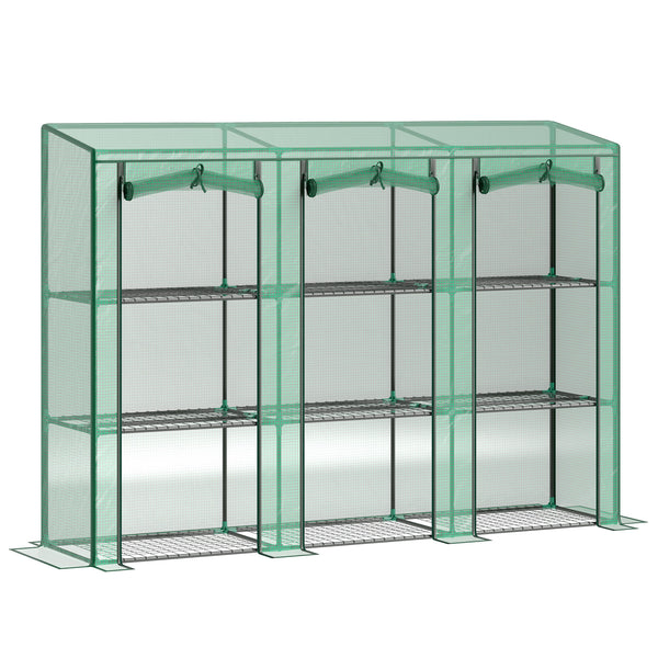 Lean-to Mini Greenhouse with 3 Tier Shelves, Portable Garden Hot House with 3 Roll-Up Doors for Indoor Outdoor, 84.6"x18.1"x56.7", Green