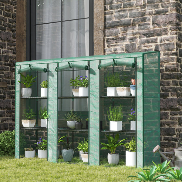 Lean-to Mini Greenhouse with 3 Tier Shelves, Portable Garden Hot House with 3 Roll-Up Doors for Indoor Outdoor, 84.6"x18.1"x56.7", Green