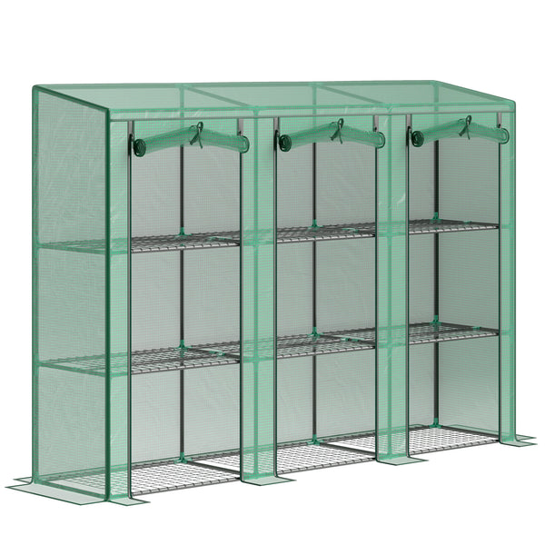 Lean-to Mini Greenhouse with 3 Tier Shelves, Portable Garden Hot House with 3 Roll-Up Doors for Indoor Outdoor, 84.6"x18.1"x56.7", Green