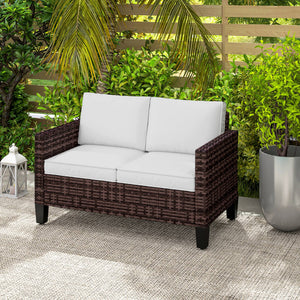 2 Seater Rattan Sofa with Cushions, Wicker Garden Loveseat with Armrests, Outdoor Garden Sofa Couch with Steel Frame for Balcony, Porch, Brown