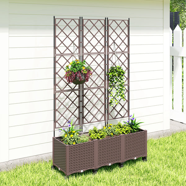 Plastic Raised Planter with Trellis, Self Watering Raised Bed for Garden with Wheels, Drainage Holes and Plugs for Climbing Plants, Outdoor Elevated Planter Box for Vegetables Flowers Herbs