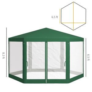 Outsunny 13' x 11' Outdoor Party Tent, Hexagon Sun Shade Shelter Canopy with Protective Mesh Screen Sidewalls, Ropes & Stakes, Green