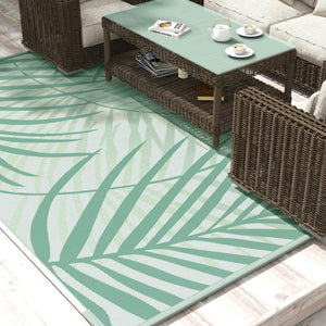 Reversible Outdoor Rug with Carry Bag, 9' x 12' Waterproof Plastic Straw Floor Mat, Portable RV Camping Carpet for Backyard, Deck, Picnic, Beach, Green and Cream