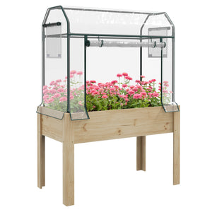 Raised Garden Bed with Plastic Greenhouse Cover and Bed Liner, Outdoor Elevated Wood Planter Box for Herbs and Vegetables, Use for Patio, Backyard, Balcony, 45 x 24 x 65 inch, Natural