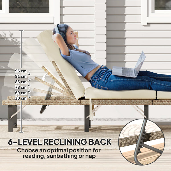 Folding Rattan Sun Lounger, 6-Level Adjustable Garden Lounger Recliner with Cushion, Outdoor Reclining Sunbed, Garden Chair with Steel Frame for Patio, Beach, Terrace, Natural