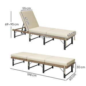 Folding Rattan Sun Lounger, 6-Level Adjustable Garden Lounger Recliner with Cushion, Outdoor Reclining Sunbed, Garden Chair with Steel Frame for Patio, Beach, Terrace, Natural