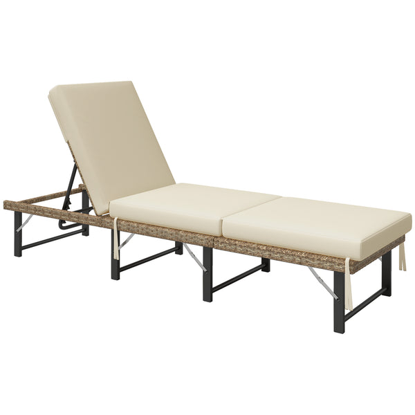 Folding Rattan Sun Lounger, 6-Level Adjustable Garden Lounger Recliner with Cushion, Outdoor Reclining Sunbed, Garden Chair with Steel Frame for Patio, Beach, Terrace, Natural