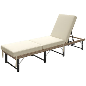 Folding Rattan Sun Lounger, 6-Level Adjustable Garden Lounger Recliner with Cushion, Outdoor Reclining Sunbed, Garden Chair with Steel Frame for Patio, Beach, Terrace, Natural