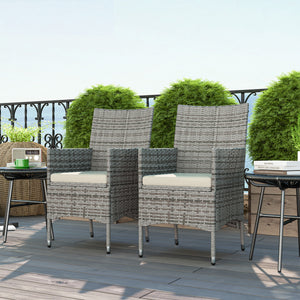 2 Pieces Outdoor PE Rattan Dining Chairs Set with Cushion, Garden Armchair with Armrests, High Backrest, Metal Frame Patio Wicker Furniture, Mixed Grey