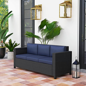 Deluxe 3 Seat Rattan Wicker Sofa Garden Outdoor Patio Furniture with Cushion, Navy Blue