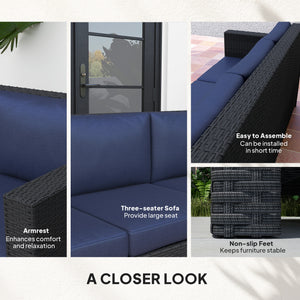 Deluxe 3 Seat Rattan Wicker Sofa Garden Outdoor Patio Furniture with Cushion, Navy Blue