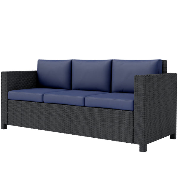Deluxe 3 Seat Rattan Wicker Sofa Garden Outdoor Patio Furniture with Cushion, Navy Blue