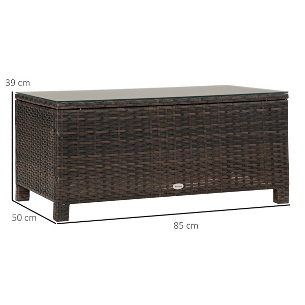 PE Rattan Coffee Table, Rectangular Outdoor Coffee Table with Tempered Glass Top, 70 KG Capacity for Garden, Balcony, Terrace, Patio, Mixed Brown