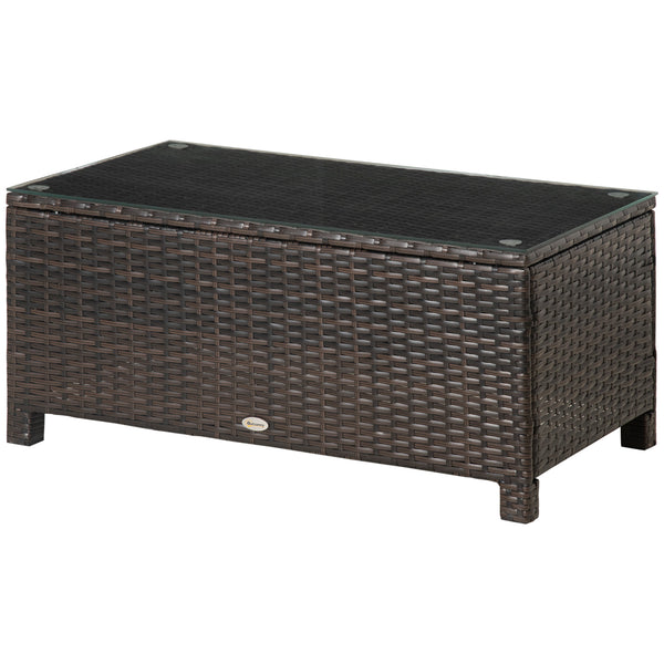PE Rattan Coffee Table, Rectangular Outdoor Coffee Table with Tempered Glass Top, 70 KG Capacity for Garden, Balcony, Terrace, Patio, Mixed Brown