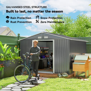 9' x 11' Garden Storage Shed with Foundation Kit, Metal Tool Storage House with Double Doors for Outdoor Patio Yard, Light Grey