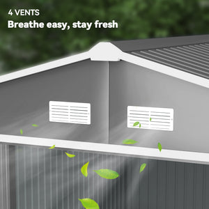 9' x 11' Garden Storage Shed with Foundation Kit, Metal Tool Storage House with Double Doors for Outdoor Patio Yard, Light Grey