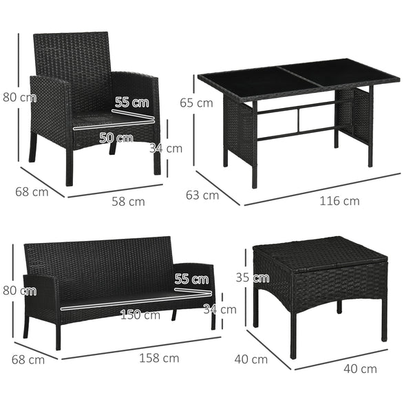 5 Seater Rattan Garden Furniture Set, 2 Armchairs, 3-Seater Wicker Sofa, 2 Footstools and Glass Table, 6 Piece Patio Rattan furniture Sofa Sets with Cushions for Conservatory, White