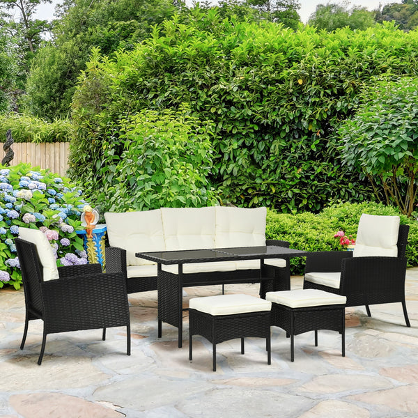 5 Seater Rattan Garden Furniture Set, 2 Armchairs, 3-Seater Wicker Sofa, 2 Footstools and Glass Table, 6 Piece Patio Rattan furniture Sofa Sets with Cushions for Conservatory, White