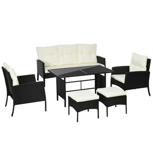5 Seater Rattan Garden Furniture Set, 2 Armchairs, 3-Seater Wicker Sofa, 2 Footstools and Glass Table, 6 Piece Patio Rattan furniture Sofa Sets with Cushions for Conservatory, White